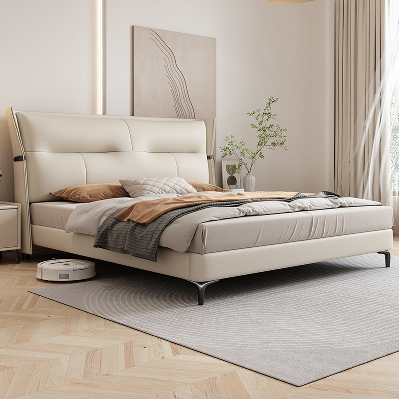 柏丝纳真皮床轻奢现代简约主卧双人床奶油风极简储物实木软包床