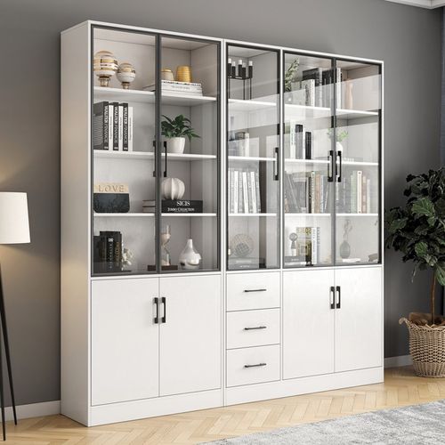 实木书柜置物柜家用书柜一体靠墙学生带玻璃门防尘落地客厅展示柜