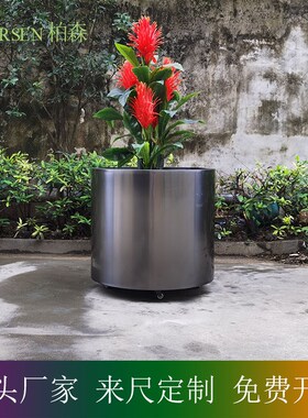 304圆形不锈钢花盆 金属花瓶 落地花器 移动套盆 钛黑种植桶 滚轮