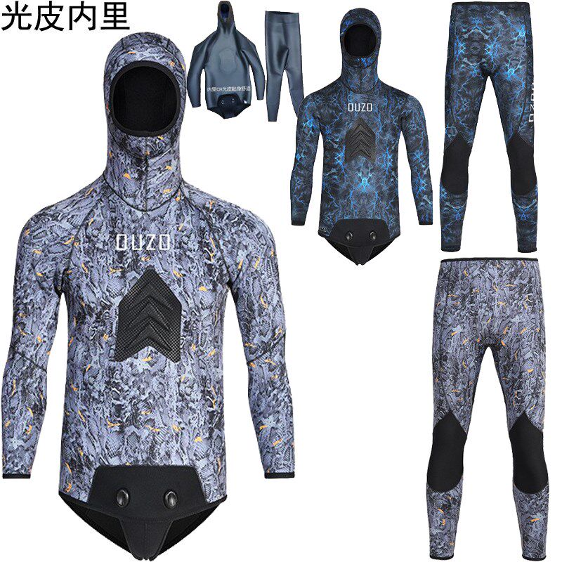 3.5/5/7mm猎鱼服分体连帽光皮内里潜水服保暖迷彩冲浪桨板衣保暖
