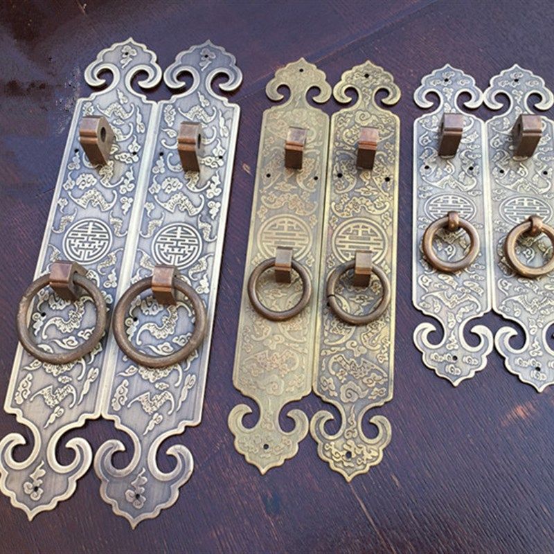 柜门纯铜刻花直条拉手中式书橱柜门装饰黄铜把手屏风大门雕花拉手