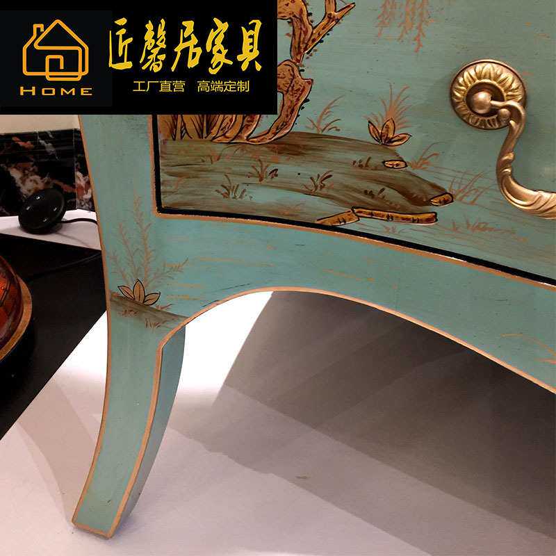 欧式法式实木手绘艺术绿色玄关台柜镜子堆金复古做旧家具