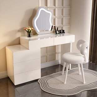 烤漆法式实木梳妆台现代简约卧室感化妆桌床头柜一体奶油风