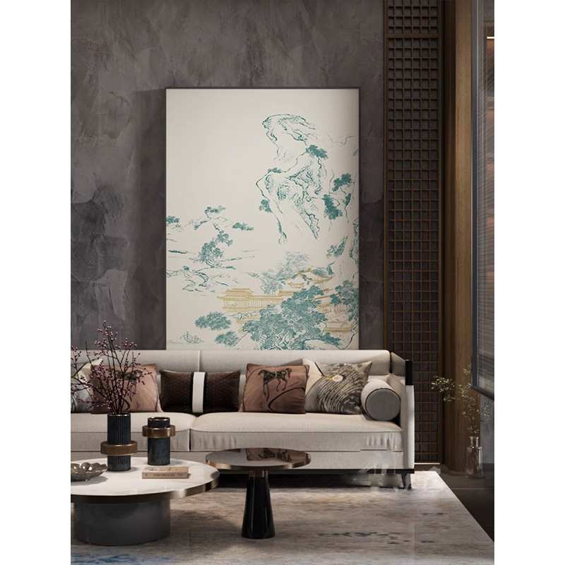 书房茶室新中式古典客厅装饰画蓝色山水抽象入户玄关壁画竖版挂画
