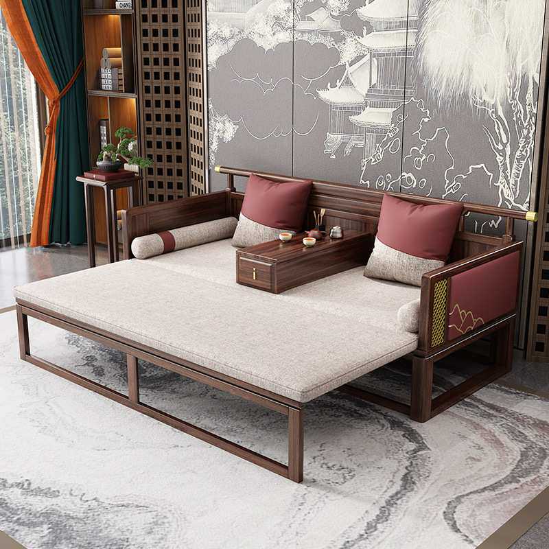 新中式罗汉床茶桌椅组合乌金木实木沙发床两用推拉床现代简约床榻