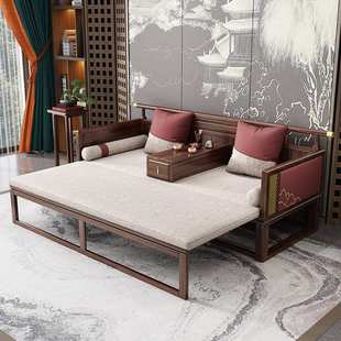 新中式罗汉床茶桌椅组合乌金木实木沙发床两用推拉床现代简约床榻