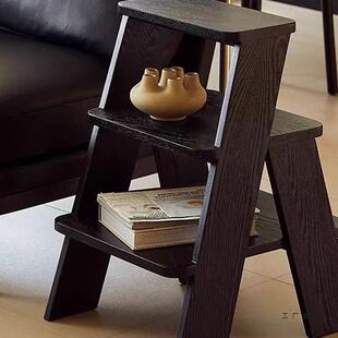 复古黑色白蜡木实木菲多梯凳家用人字梯凳子多功能双层置物架边柜