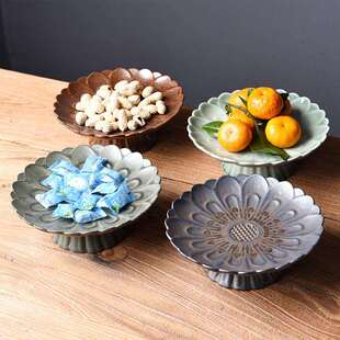 德玉堂条纹高足茶点盘日式创意陶瓷果盘茶桌茶道点心干果茶食盘子