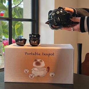 可爱暹罗猫便21560携式新旅行茶具套装陶瓷款家办室会客泡茶用壶