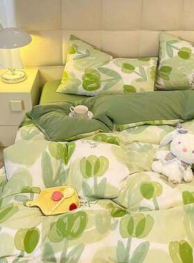 小清新绿色类水洗棉麻四件套双层纱被套学生宿舍单人床三件套