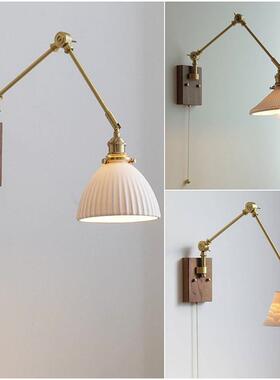 日式复古书房卧室床头民宿挂墙灯具陶瓷胡桃木全铜摇臂可旋转壁灯