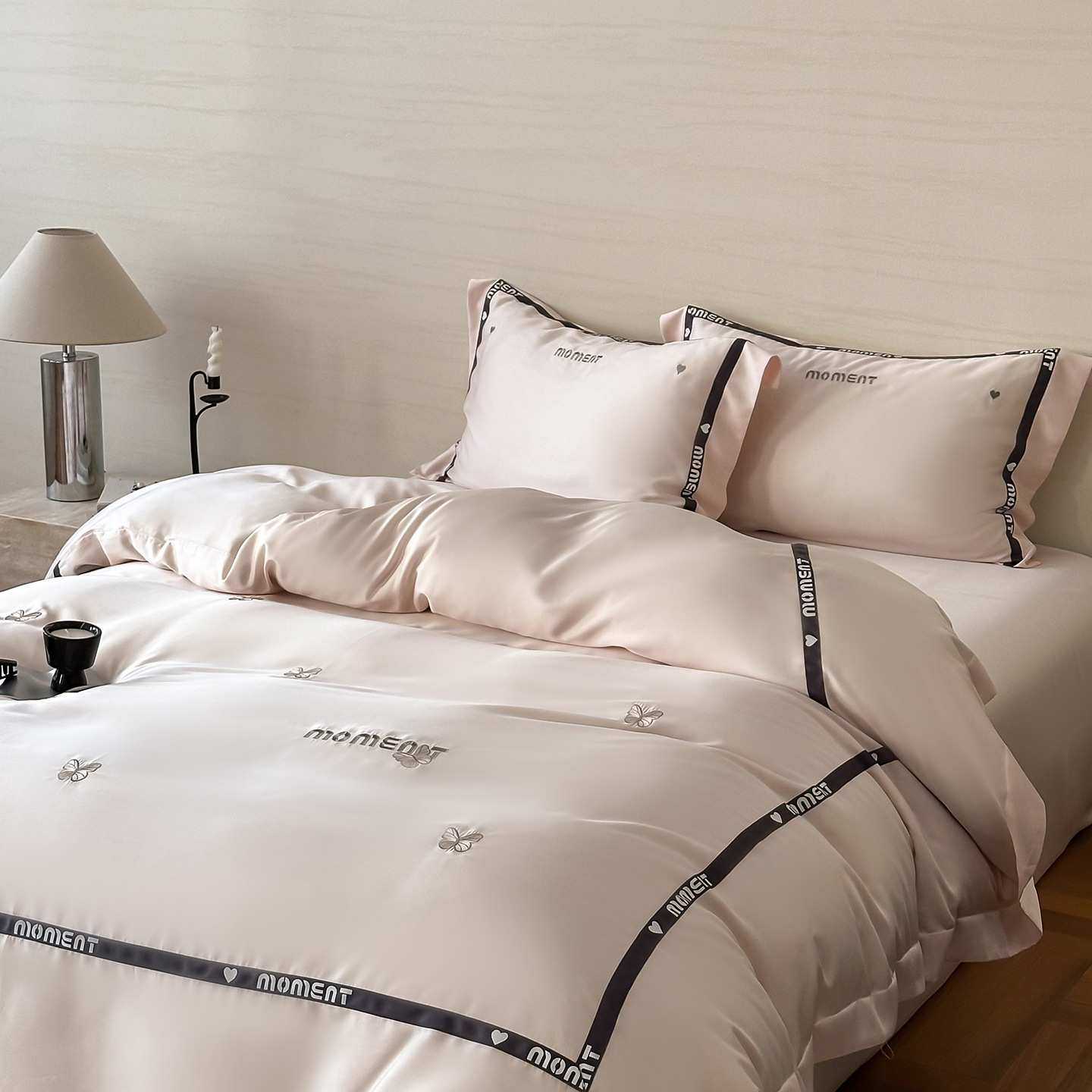 轻奢60S兰精天丝四件套少女心夏季轻柔刺绣冰丝凉感被套裸睡床品