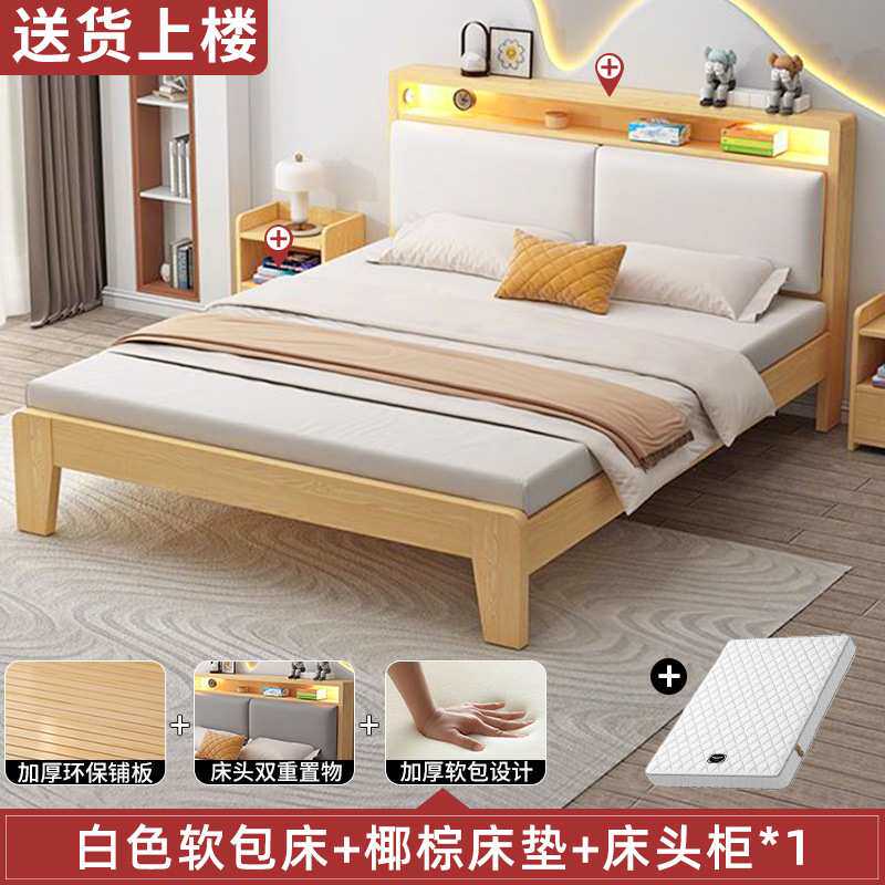 实木床1.5米现代简约双人床1.8x2米主卧家用出租房民宿1.2