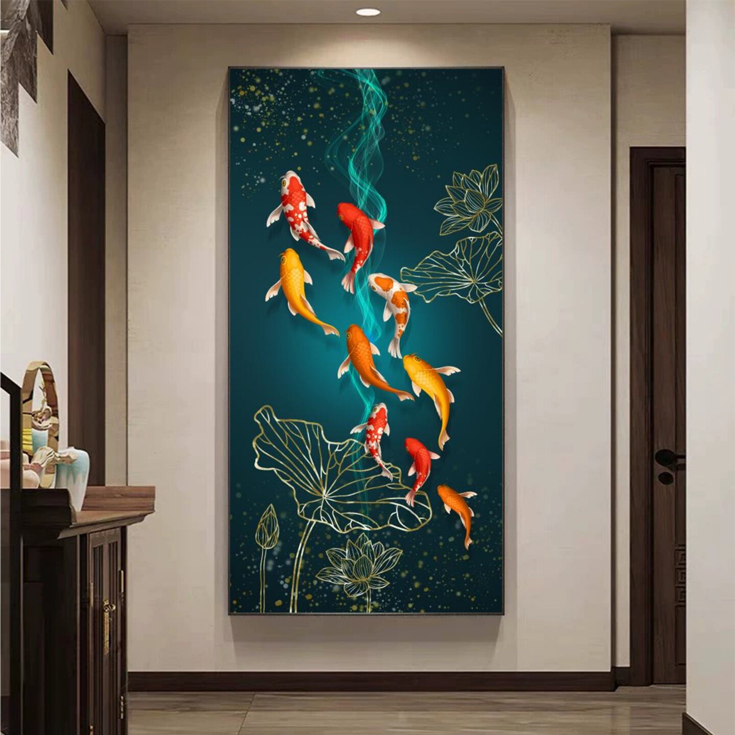 九鱼图玄关装饰画新中式入户正对门走廊过道客厅墙纸壁画