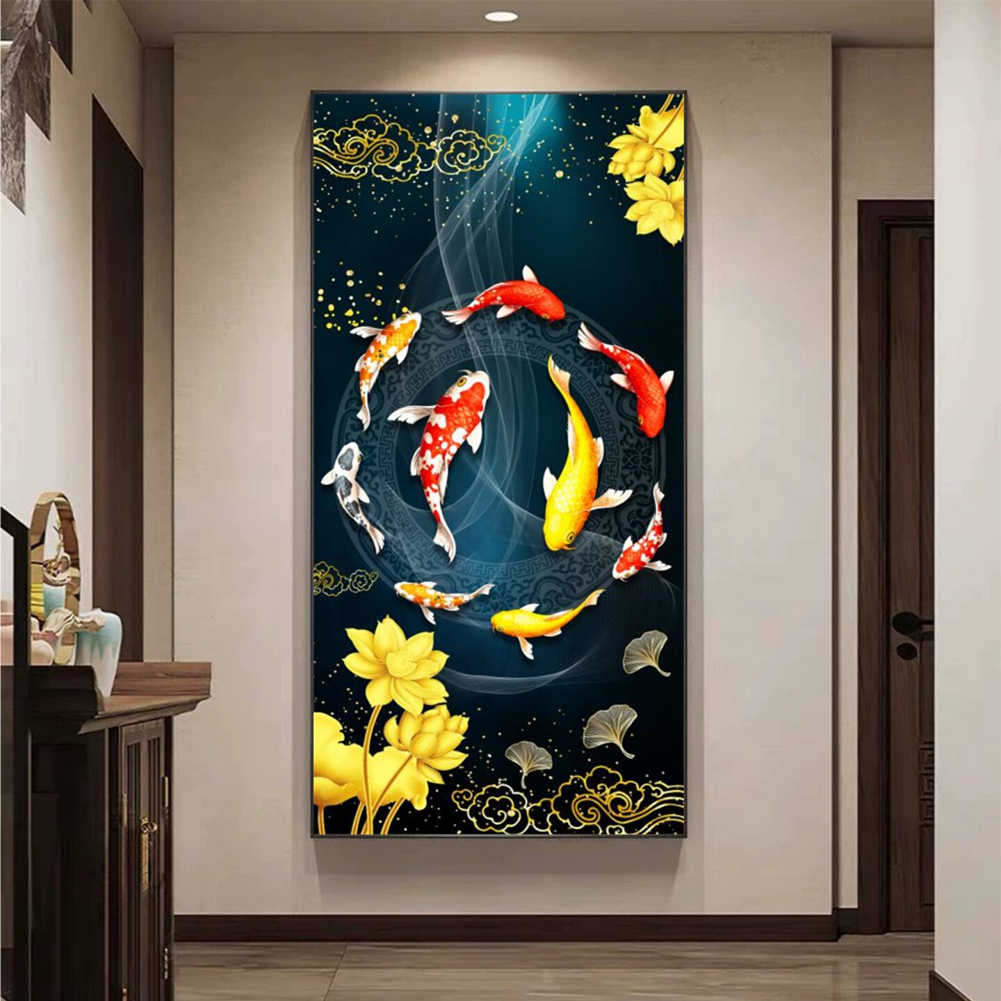 九鱼图玄关装饰画新中式入户正对门走廊过道客厅墙纸壁画