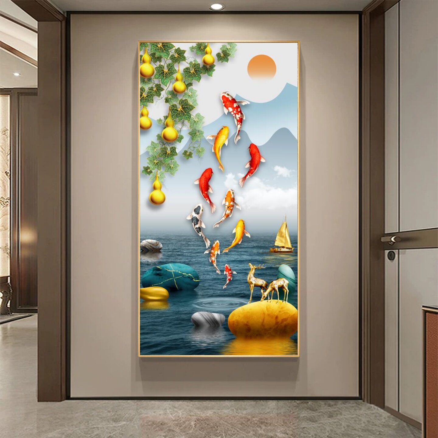 九鱼图玄关装饰画新中式入户正对门走廊过道客厅墙纸壁画