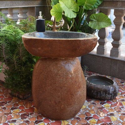 天然鹅卵石头立柱盆洗脸盆阳台游戏津贴洗手盆户外庭院洗手池一体