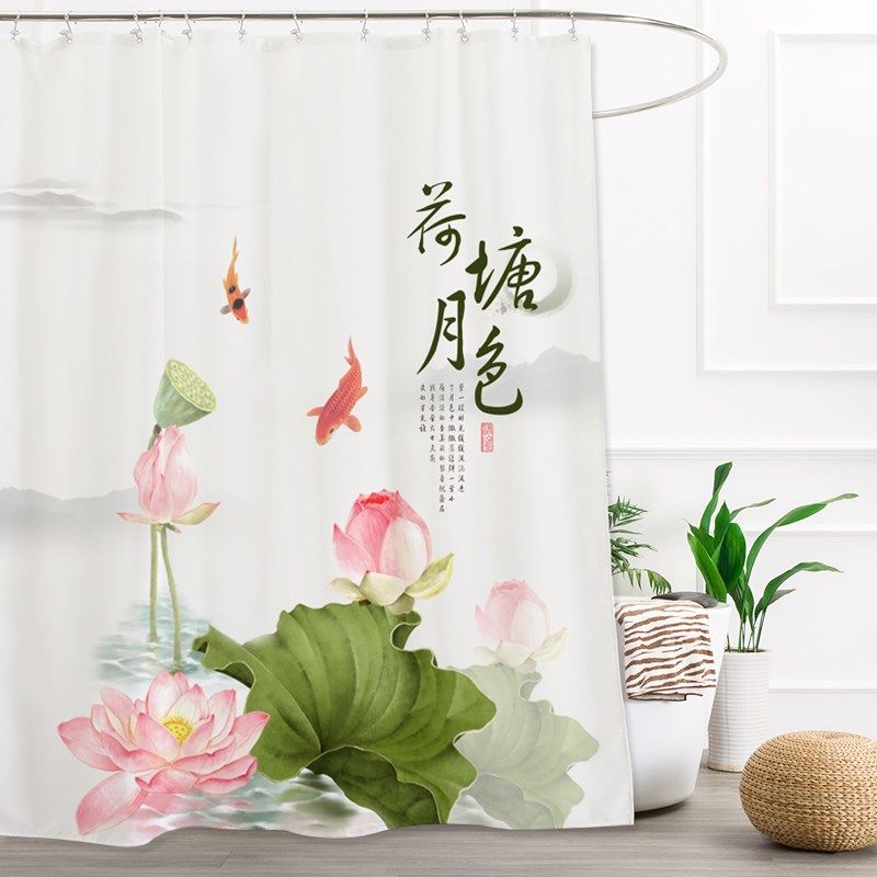 中式荷花浴帘加厚防水防霉复古中国风门帘酒店卫生间淋浴隔断帘子