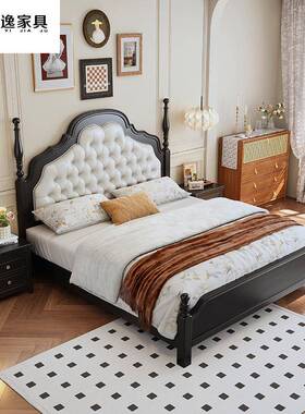 美式轻奢实木床复古主卧大床简约黑色1.8m双人床罗马柱安娜软包床