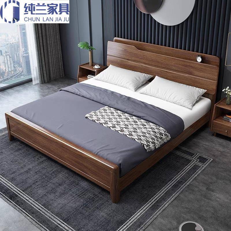 新中式胡桃木实木床1.8米现代简约主卧双人床家用储物床小户型婚