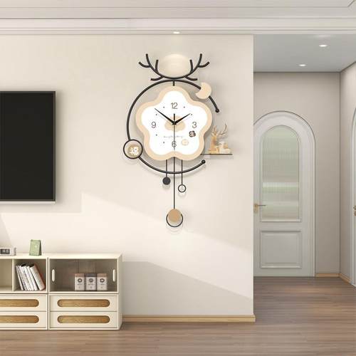 钟表挂钟客厅现代奶油风鹿头装饰家用餐厅静音挂墙小鹿时钟免打孔