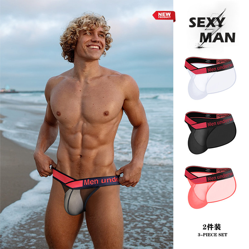 2条装V腰透明三角裤性感透气运动