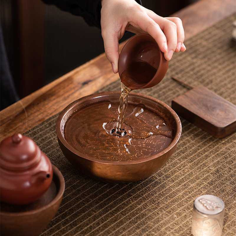 纯铜建水加厚茶渣缸茶洗手工锤目纹大小号水盂笔洗茶具紫铜茶渣桶