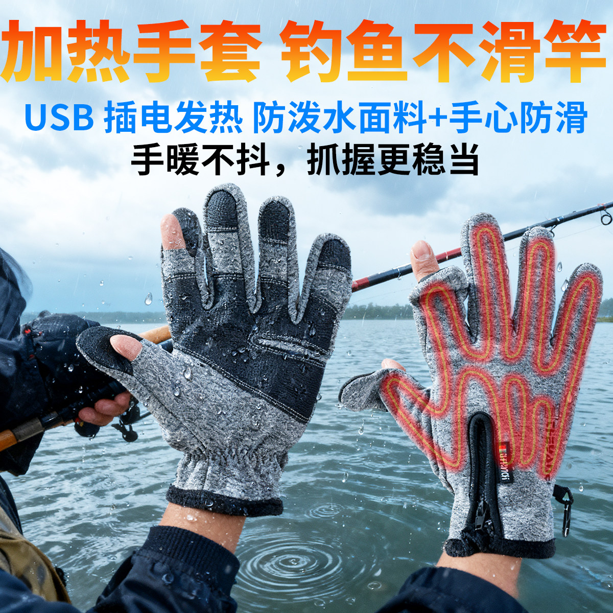 露二指usb插电加热冬季天钓鱼手套户外防寒专业防滑保暖防水男士