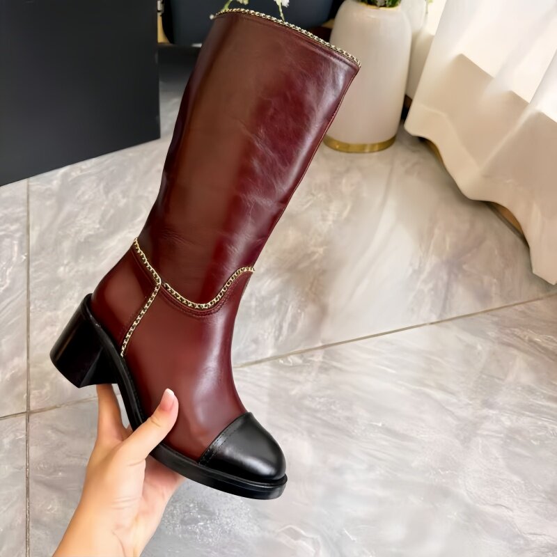 真皮欧美风链条高筒靴女秋冬