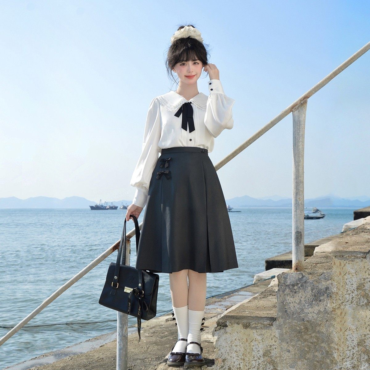 原创jk制服【小雾漓】优雅学院风白色雪纺衬衫泡泡长袖套装女