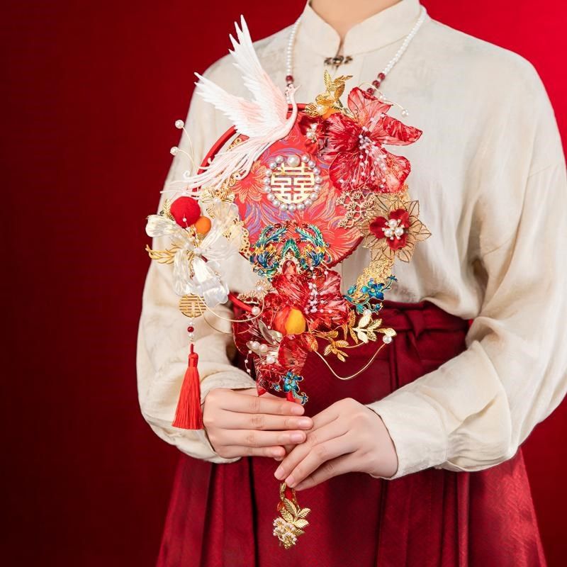 手捧花红色diy材料包刺绣扇子中式婚礼手工高级秀禾喜扇结婚出嫁