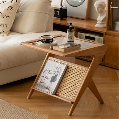 日式实木藤编玻璃边几角几沙发可移动樱桃木小桌子置物架原木北欧