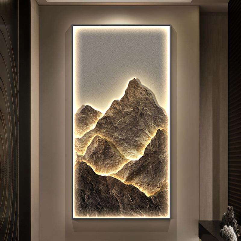 现代轻奢入户玄关装饰画日照金山发光壁灯画靠山走廊过道山水挂画