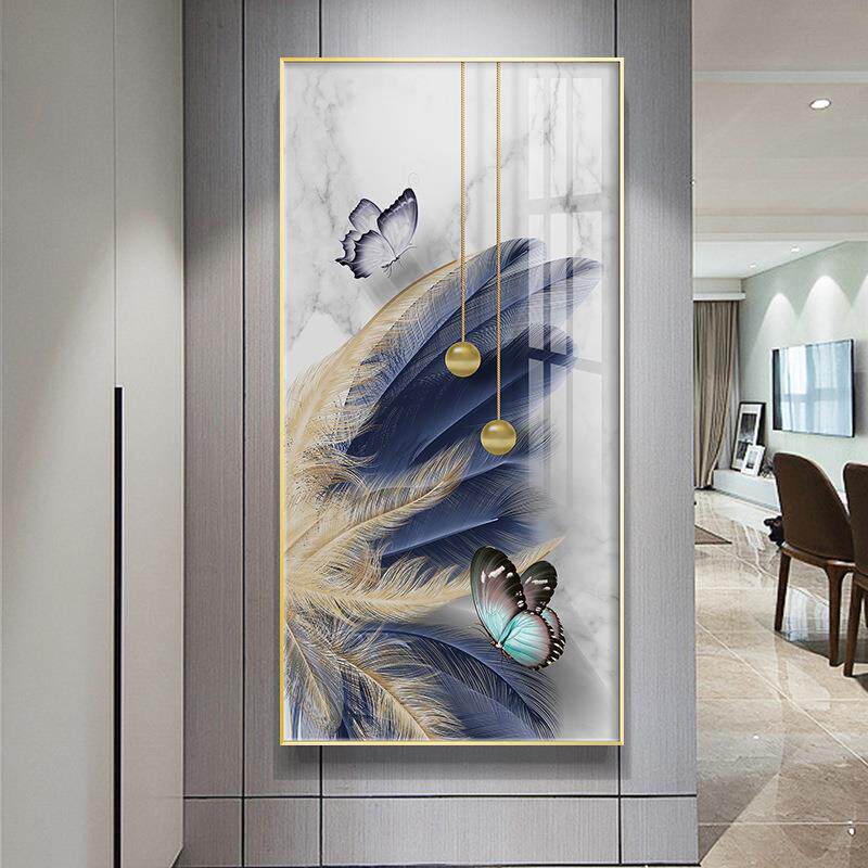 蓝之羽现代轻奢风格玄关装饰蓝色羽毛金鹿金箔壁画走廊客厅挂画