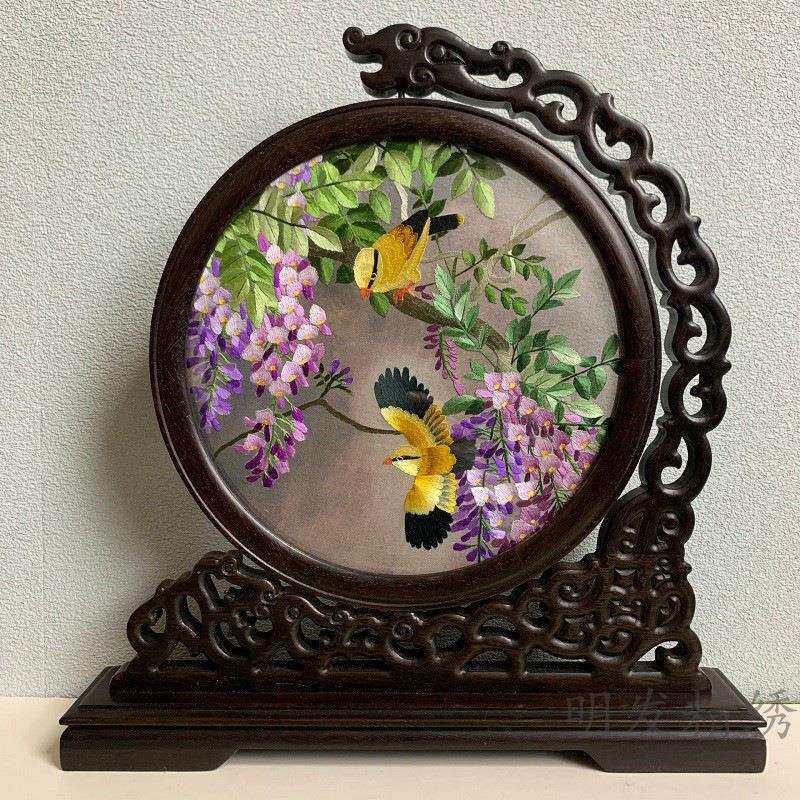 苏州特产手工苏绣刺绣成品摆件台屏双面绣实木桌面整体橱柜出国装