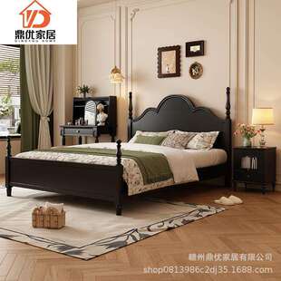 中古风主卧大床复古罗马柱高脚小户型双人法式黑色主卧北欧实木床