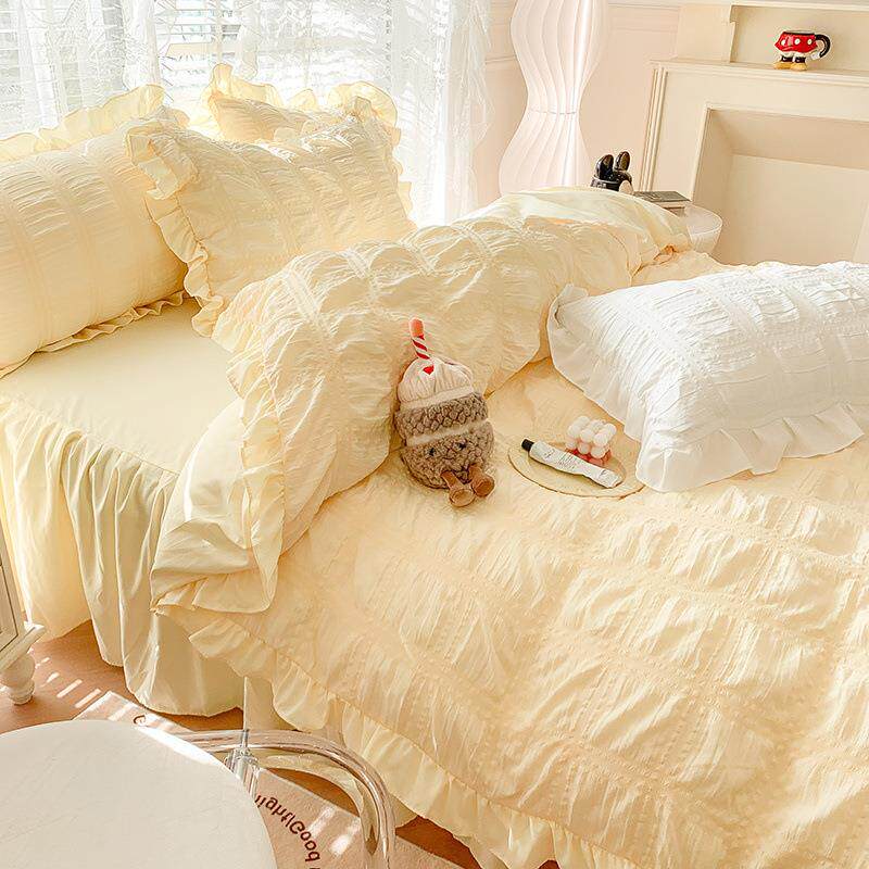 网红款加厚泡泡纱方格床裙四件套公主少女心花边床单被套床品春秋