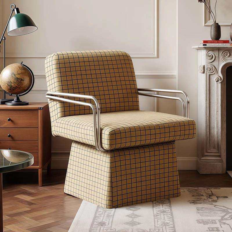 美式复古布艺奶茶格子单人沙发椅客厅家用中古风休闲可旋转梳妆椅