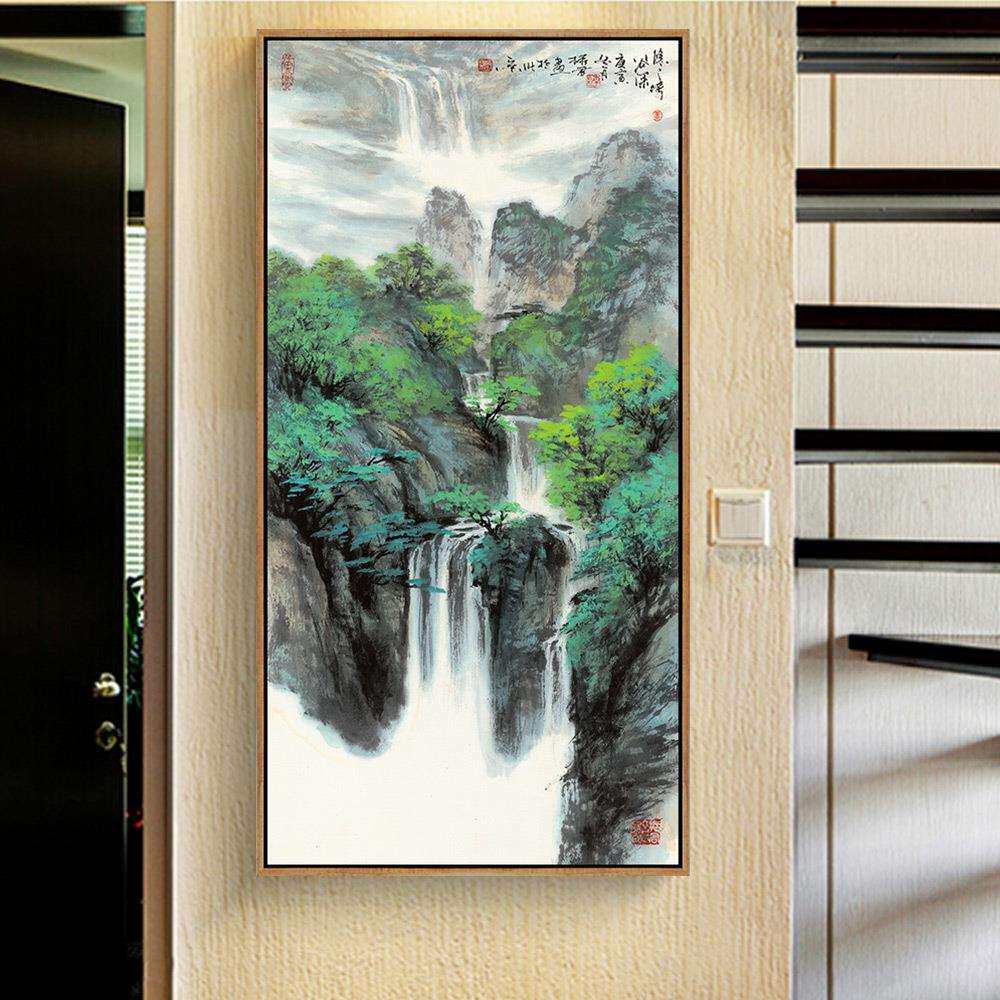 聚宝盆山水画玄关装饰画竖版过道客厅走廊风景画壁画国画招财风水