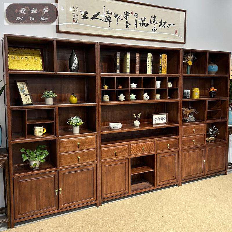 客厅置物架摆件收纳柜茶室家具新中式博古架实木书柜梨花木展示柜