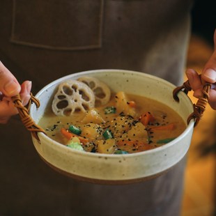 伍杯复古田园水果盘面包篮红烧肉炖菜大碗粗陶日式 提篮盘沙拉碗