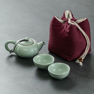 汝窑旅行茶具配收纳包开片纹莲花茶壶配小碗茶杯陶瓷家用功夫茶具
