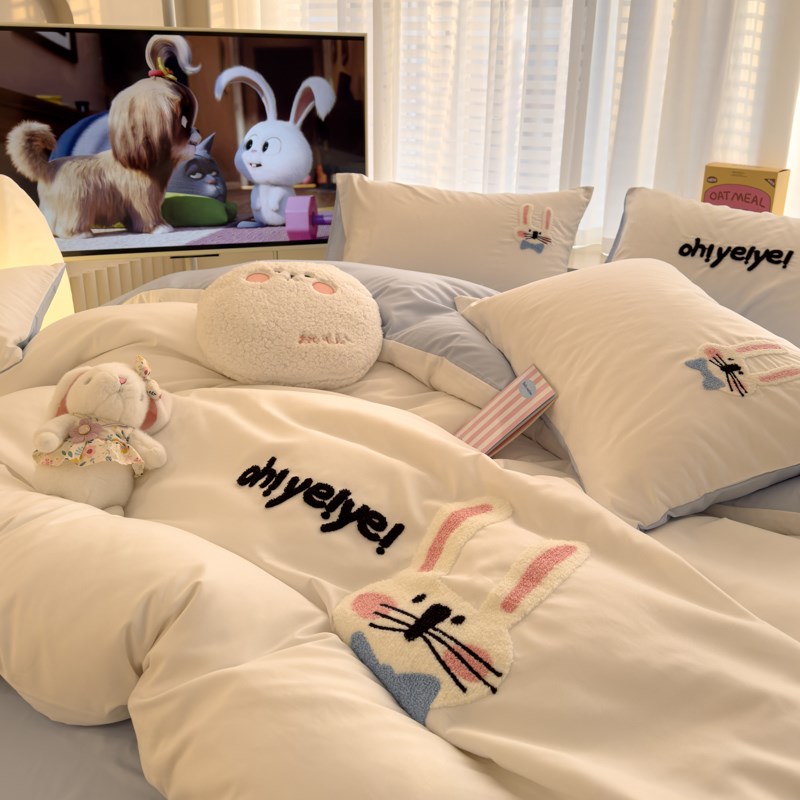 ins可爱卡通长耳兔毛巾绣水洗棉四件套纯色床单被套宿舍三件套1.8
