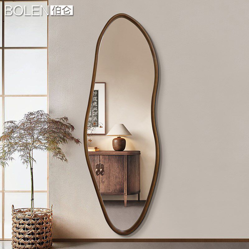 BOLEN 文艺实木全身镜子中古风穿衣镜家用挂墙试衣间玄关装饰镜子