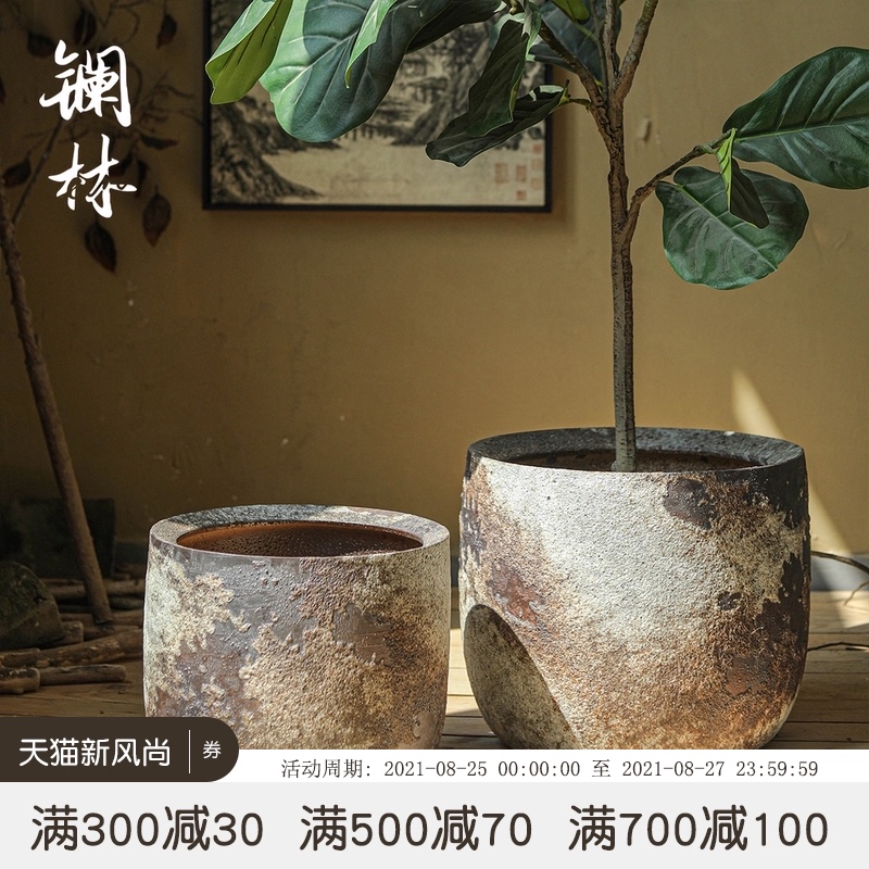 粗陶花盆大口径阳台创意摆件复古多肉透气陶瓷花坛家居室内装饰品