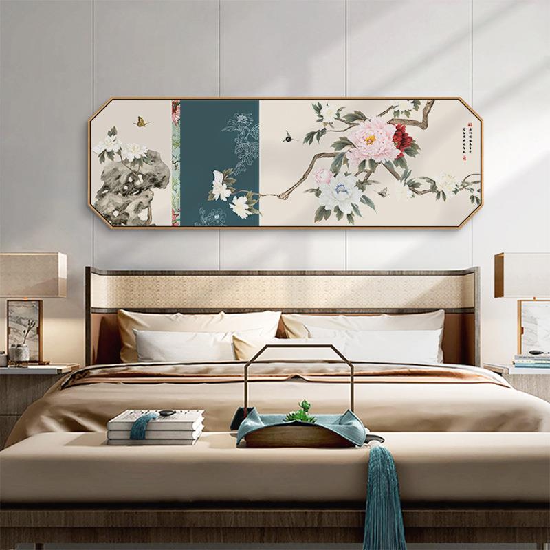 鸟鸣花开新中式牡丹客厅装饰画卧室床头花鸟挂画横版茶室壁画