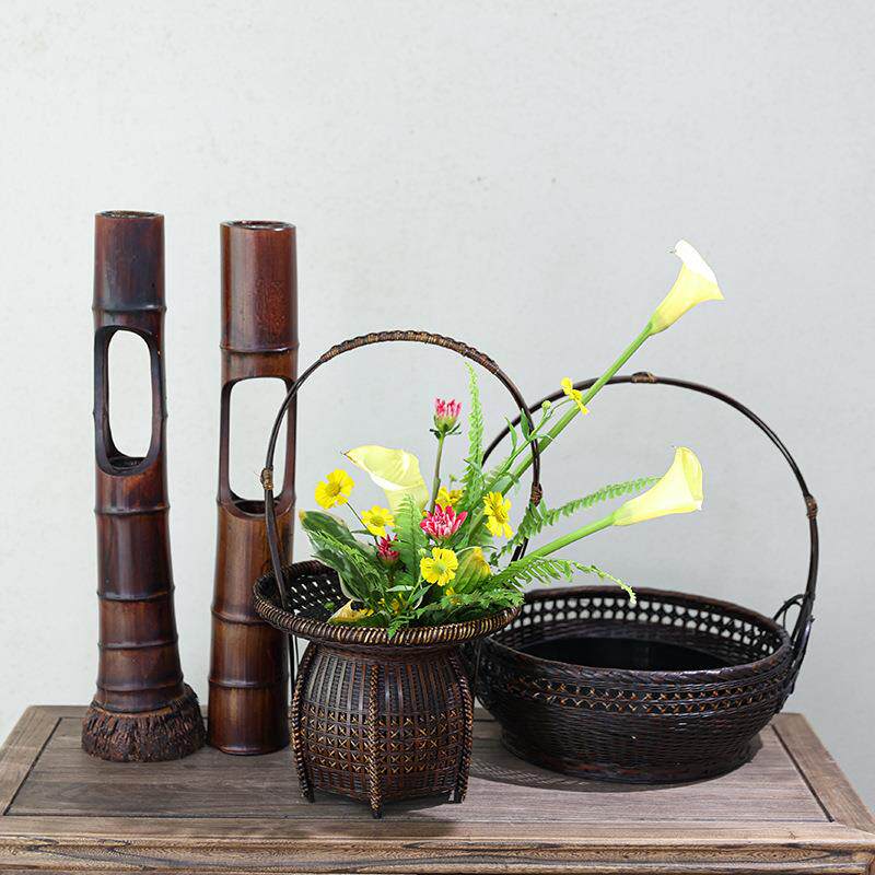 竹编竹篮民间手工大篮子开业花篮花艺新中式花器插花器皿禅意
