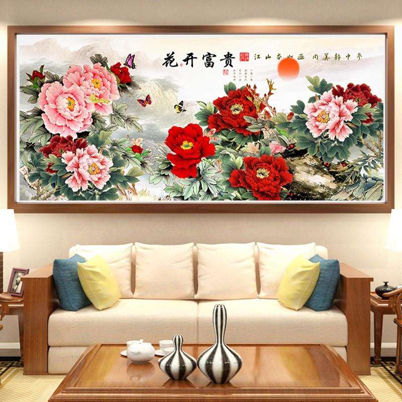纯手工十字绣成品花开富贵牡丹花新中式满绣新款客厅挂画已绣好的