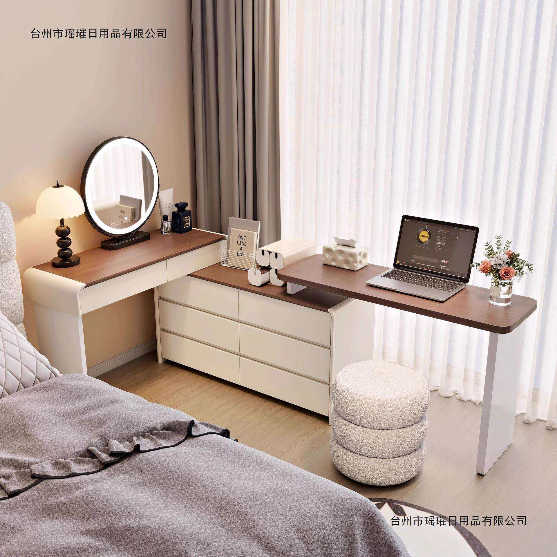 意式轻奢卧室实木梳妆台床尾斗柜一体电脑桌书桌床尾转角柜收纳柜