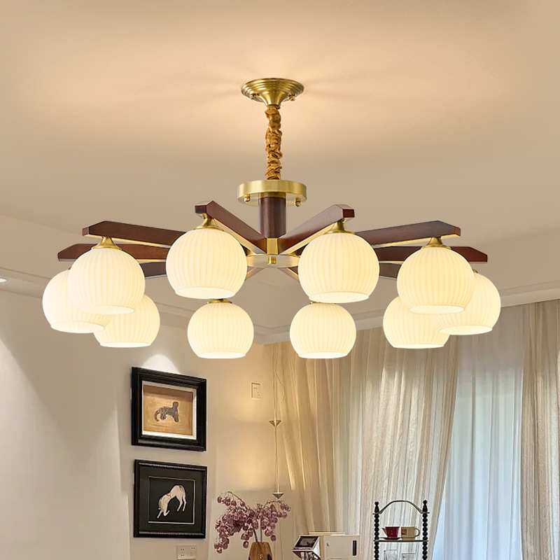 中古风客厅吊灯主灯复古中式全铜黑胡桃实木大气卧室餐厅吸顶灯具